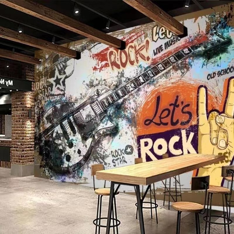3D Printing Guitar - ภาพจิตรกรรมฝาผนังแบบกำหนดเองยุโรปอเมริกันกราฟฟิตี้เพลงบาร์ KTV เครื่องมือตกแต่งห้องนอนพื้นหลังตกแต่งผนัง 3d วอลล์เปเปอร์กีตาร์กราฟฟิตี้