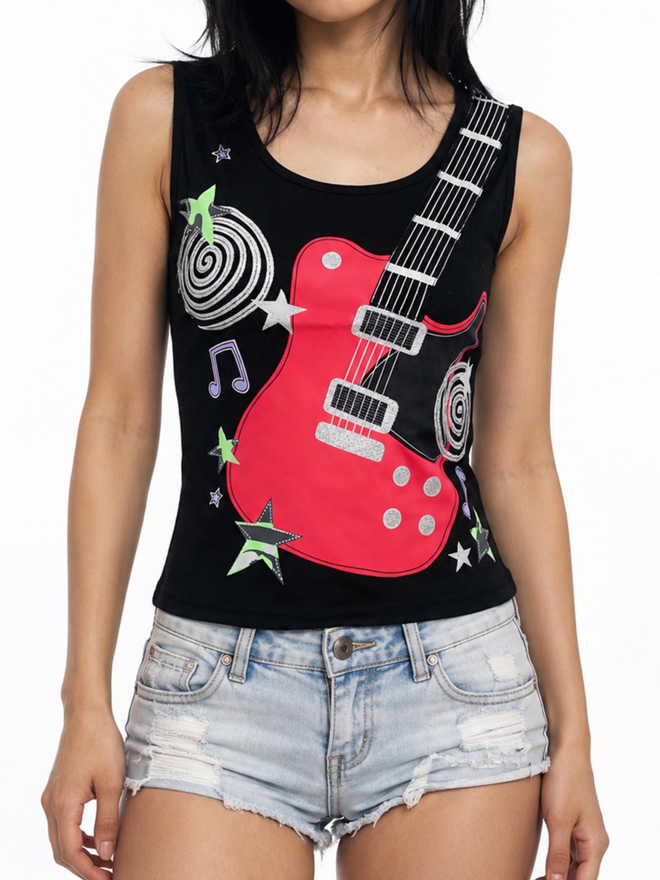 3D Printing Guitar - เสื้อกล้ามลายกราฟฟิตี้ 3 มิติ สไตล์โกธิคร็อกย้อนยุค ฤดูร้อนปี 2026