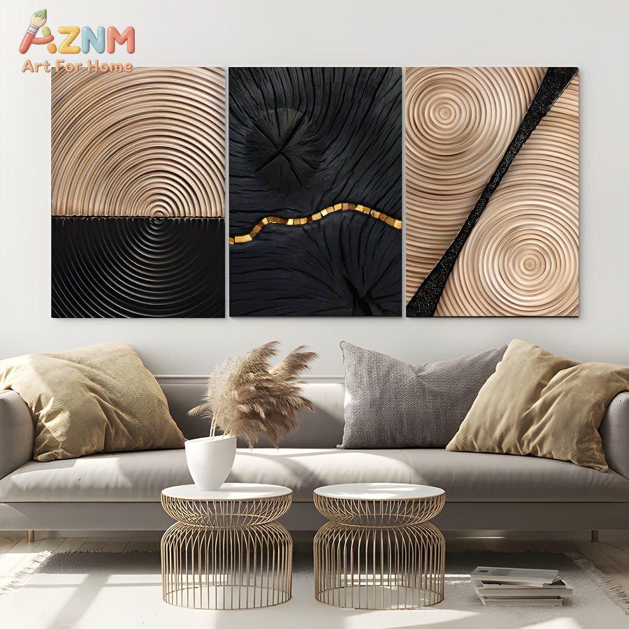 3D Printing Gold - ภาพพิมพ์บนผ้าใบลายไม้แบบนามธรรม AZNM วาบิซาบิ ลายวงแหวนต้นไม้ ลายเส้นสีทอง โทนสีดำเบจ